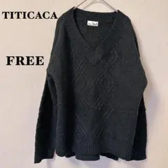 チチカカ ダイヤ柄 ケーブル編み Vネックニット セーター ゆるだぼ 黒 フリー