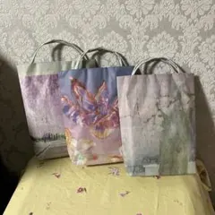 ハンドメイド　新聞紙トートバッグ　３点セット【桜・花】