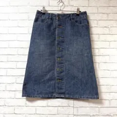 【ショコラフィネローブ】デニムボタンフロントミディ丈スカートM 綿混紡 シンプル