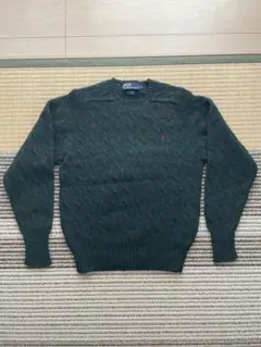 Ralph poloダークグリーン ケーブルニットセーター ラグラン　ウール