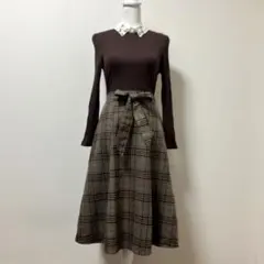 トッコクローゼット　花　ロングワンピース　刺繍　春　大人　チェック　茶　ブラウン