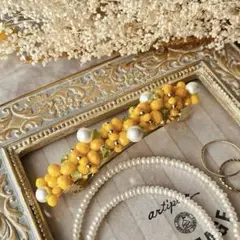 817 new ミモザ　バレッタ　8cm コットンパール　天然石　ペリドット　花