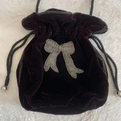 ベロア　ベルベット　巾着　リボン　ビーズ刺繍 斜めがけ　ショルダーバッグ