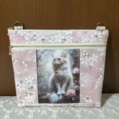 ハンドメイド　ダブルファスナーサコッシュ　両面パネル　猫ちゃん
