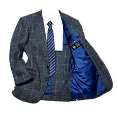 最高級カシミヤ入り　テーラードジャケット　ツィード　ダークグレー系　チェック　L