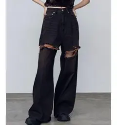 ブラックワイドレッグダメージデニムパンツ