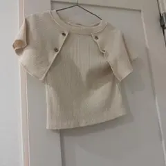 リブ編みクリーム色ショートスリーブトップス スナ系 綺麗め