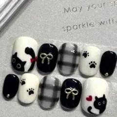 22 ネイルチップ 黒猫 猫 ねこ 動物 チェック ネイル