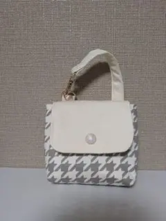 ハンドメイド ストラップポーチ 千鳥格子(グレー)×アイボリー