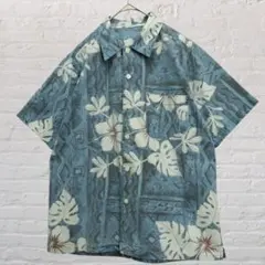 幾何学模様 花柄 アロハシャツ ボタニカル ボックスカット 半袖シャツ 薄青系