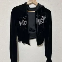 ストーン装飾 ブラックベルベット クロップドパーカー