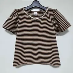 HERE'S ベージュパール ボーダー ストライプ 半袖トップス Lのサムネイル