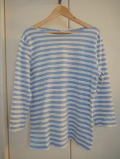 Marimekko 水色と白のストライプ Tシャツ 七分袖Sサイズ