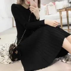 ニットワンピース 長袖 黒 ブラック ロングワンピ リブ オルチャン 韓国 秋冬