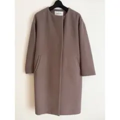 ナチュラルビューティベーシック ロング ノーカラーコート ウール混 S グレー