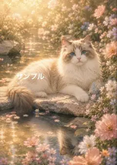 一作限り】花冠のラグドールと湖畔の楽園 C119 デジタルアート 猫 花畑