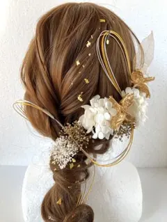 Pg 白　ゴールド　髪飾り　ドライフラワー　水引　金箔　前撮り　成人式　卒業式