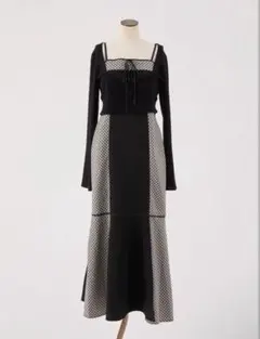 NICE CLAUP ボレロセット配色チェックロングワンピ　ブラック