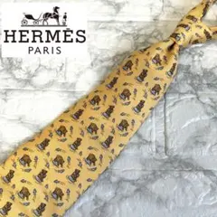 HERMÈS アニマル柄 ネクタイ 総柄 シルク フランス 熊 動物 イエロー