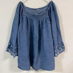 オフショルダー 刺繍 7分袖 シャツ ブラウス ダークブルー フリル