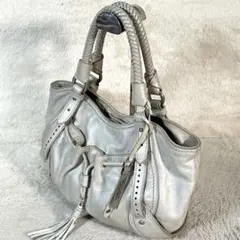 【Cole Haan】レザー バッグ シルバー y2k 編みハンドル タッセル
