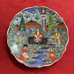 古伊万里写 色絵金襴手 菊割南蛮船南蛮人図 大皿 在銘「陶扇」31cm