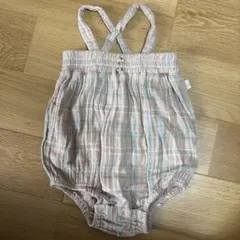 ベージュ・水色チェックロンパース