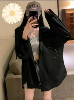 フード付きオーバーサイズシャツ 黒XL