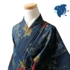 C105 ちどり屋 着物 単衣 紬 花 亀甲 青のサムネイル