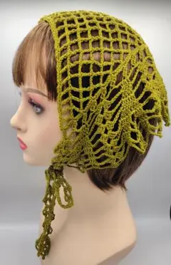 バブーシュカ　抹茶　コットン　三角巾　ヘットドレス　レース編み　スカーフ　手編み