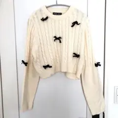 リボン付き 春 ニット セーター 長袖 ケーブル編み アイボリー M