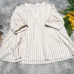 ドレスキップ ストライプ柄 パフスリーブ スキッパーブラウス (LL) ポリ綿