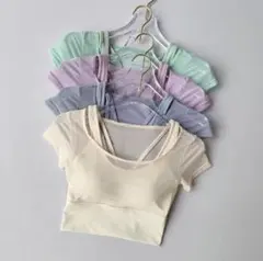 シースルーカップ付クロップドヨガトップスティシャツアイボリーバッククロス春夏秋冬