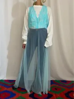 アンティーク ビンテージ 70s 水色 レース 花柄 ワンピース ドレス 美品