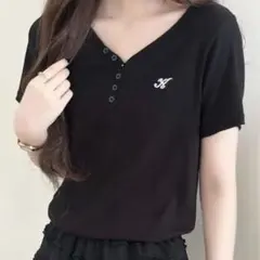 【ワンポイント刺繍入り】半袖ヘンリーネックリブTシャツ
