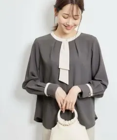 ROPE’ PICNIC ジョーゼット配色ボウタイ風ブラウス グレー×ホワイト