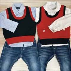 赤＆黒　ニットベスト 100cm 110㎝　リンクコーデ　クリスマス　姉弟　兄弟