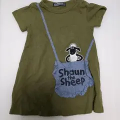 【美品】ひつじのショーン ワンピース 80 カーキ 半袖Tシャツ素材キッズ女の子のサムネイル
