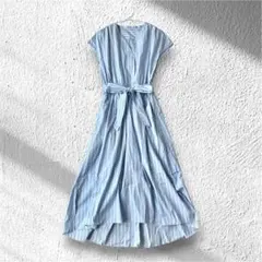 美品 シップス フレンチスリーブ リネン混 ワンピース ブルー