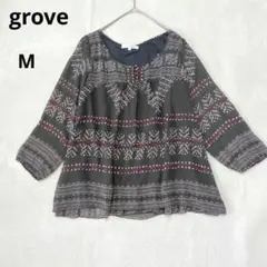 グローブ　カットソー　ブラウス エスニック柄 Mサイズ　七分袖 シアー素材のサムネイル