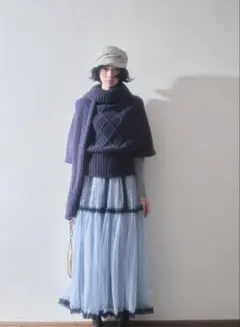 スカーフ付きゆったりポンチョ風秋冬ネイビー ケーブル編みニット タートルネック