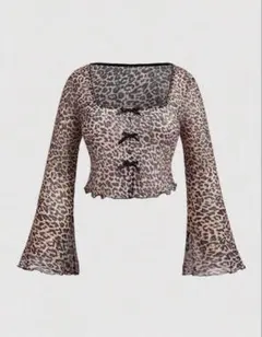 ヒョウ柄　フレアスリーブ　シースルートップス　レオパード　豹　リボン　黒　可愛い