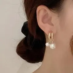 ゴールド ダブル メタル 大粒 パール ピアス 韓国 ぶらぶら #C918-1