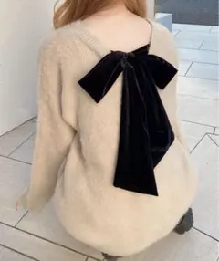 バックベロアリボンシャギーチュニックニット