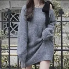 ワンショルダーベロアリボンニットミニワンピース［dr796］