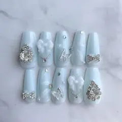 【現品】ネイルチップ 量産型 ワンホン 韓国 水色 スナ系 リボン 推し活