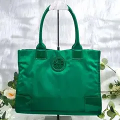 美品 トリーバーチ エラ ナイロン トートバッグ グリーン デカロゴ【A218】