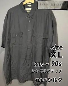 80s 90s シルク100% 半袖シャツ 黒 XL シングルステッチ BD