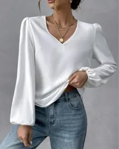 白 Vネック バルーンスリーブ ブラウス JP-M (XS)