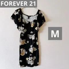 FOREVER 21 ブラック フラワー柄 半袖 ミニワンピース Mサイズ
